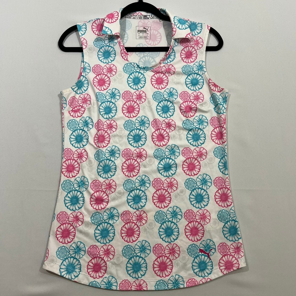 Puma Womens Sleeveless Polo Small S Pink Teal Floral Performance Golf Tank Top